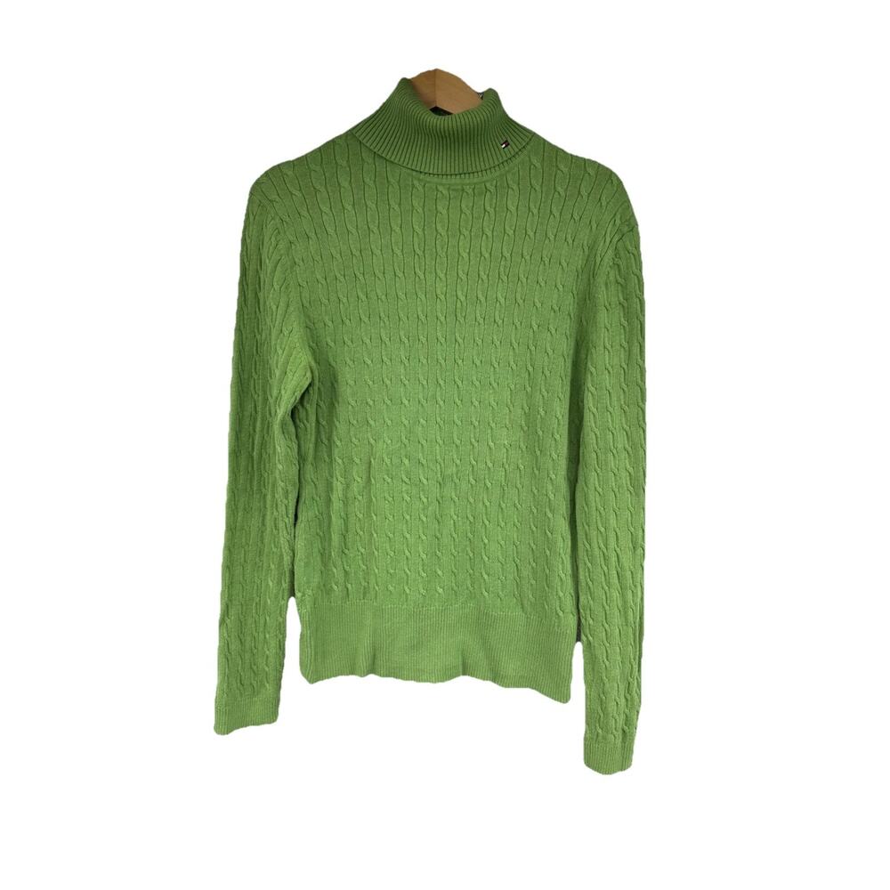 Tommy Hilfiger Green Cable Knit Turtle Neck Sweater Heritage Cotton Womens L